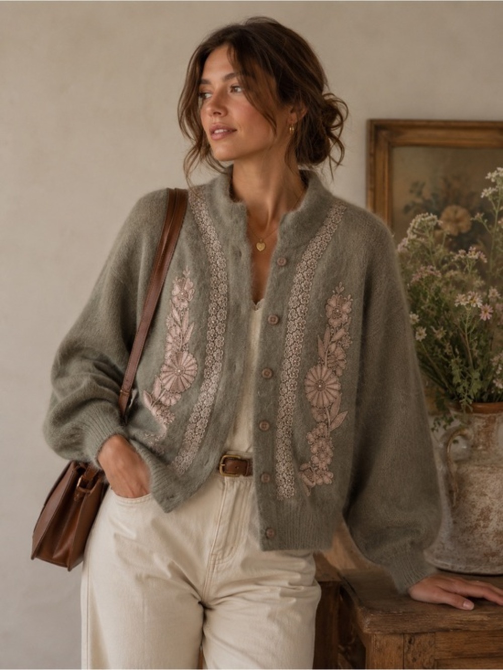 Vintage Fully Fashion Angora Floral Cardigan M Cottagecore Soft Girl 80s